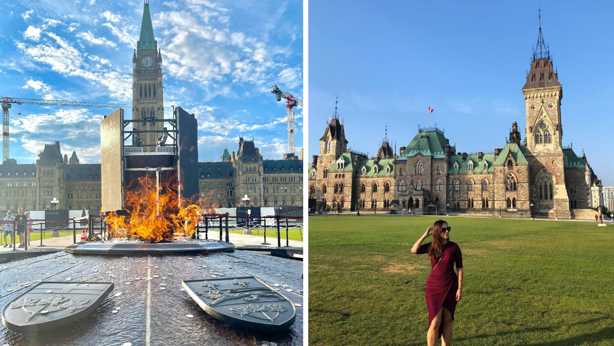 Centennial Flame in front of Canada's Parliament. Right: Girl on Parliament Hill.