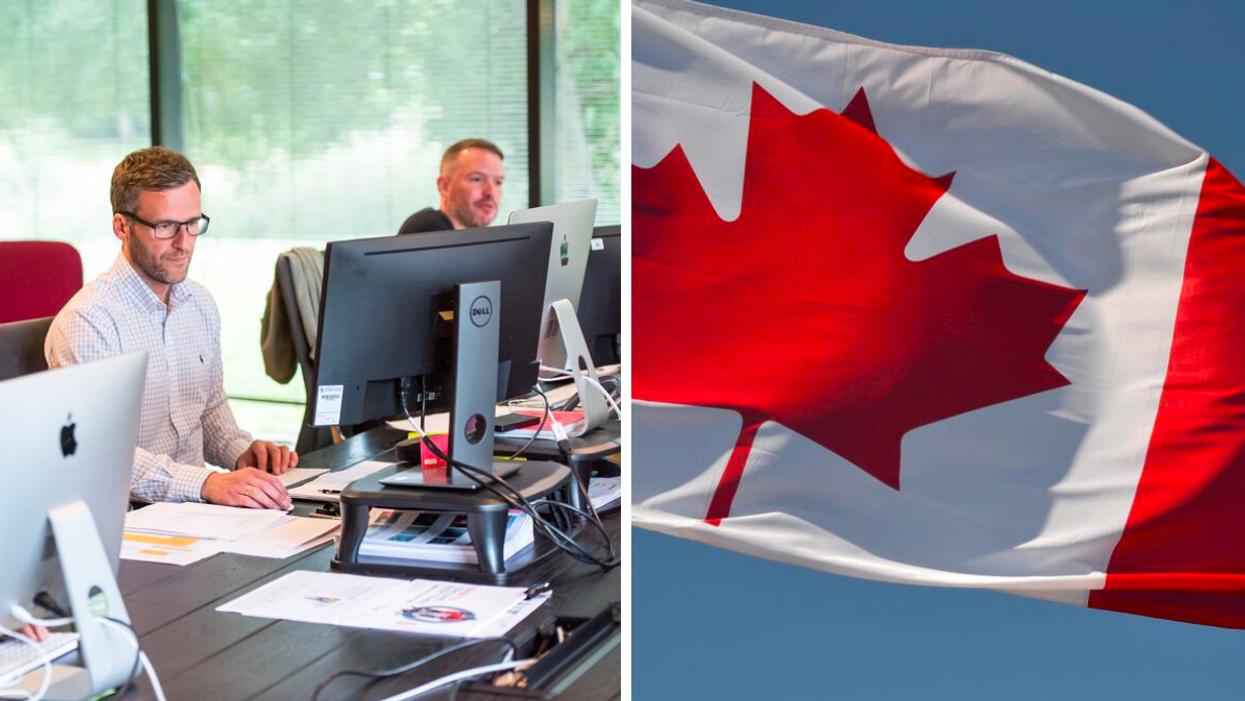 Centre d'appels. Droite : Drapeau du Canada.