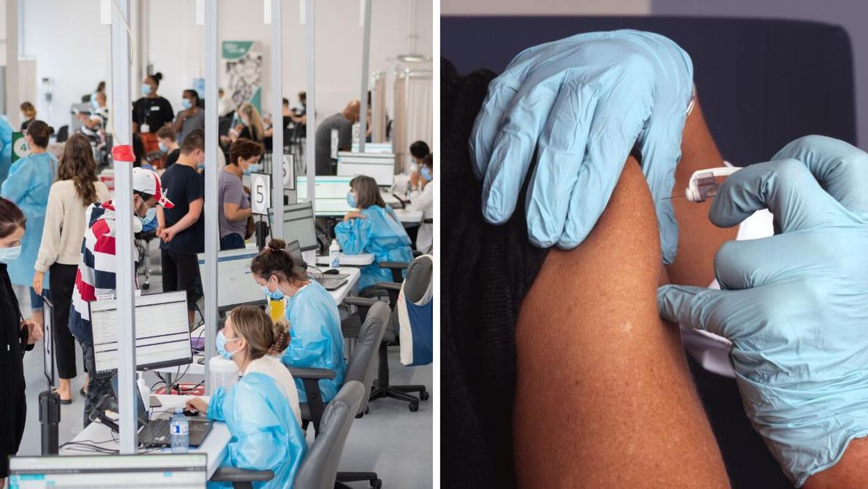 Centre de vaccination contre la COVID-19. Droite : Personne se faisant vacciner.