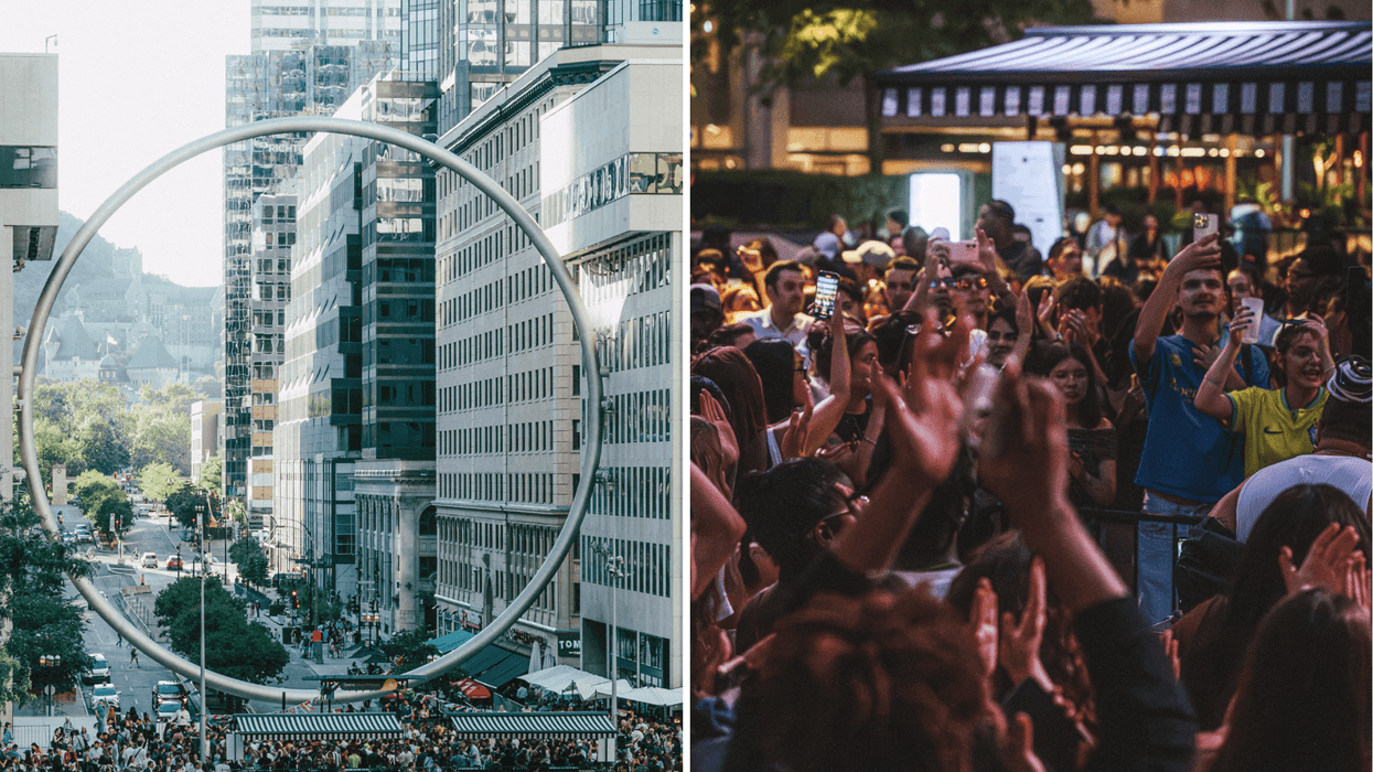 Centre-ville de Montréal lors d’un événement estival. Droite: Foule lors d’un événement extérieur à Montréal.