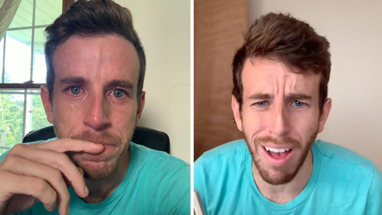 CEO of HyperSocial Braden Wallake crying. Right: CEO of HyperSocial Braden Wallake in a TikTok video.