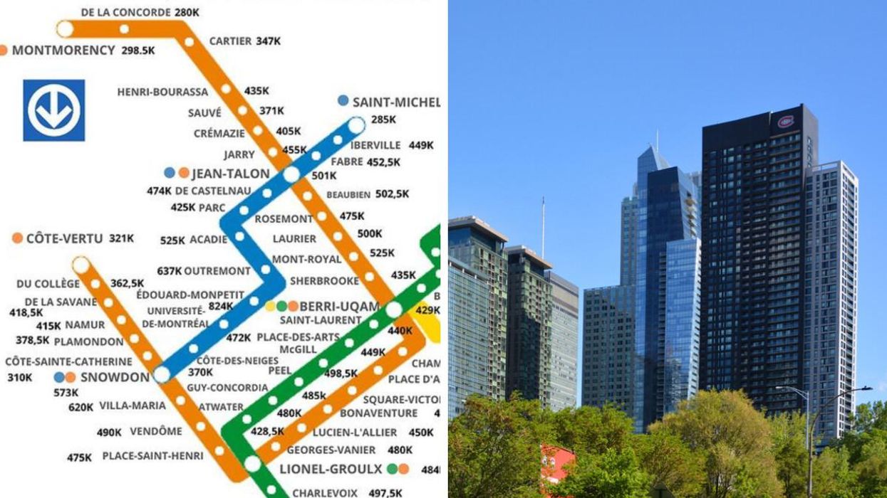Cette carte montre le prix médian des condos en 2021 selon la station de métro à Montréal