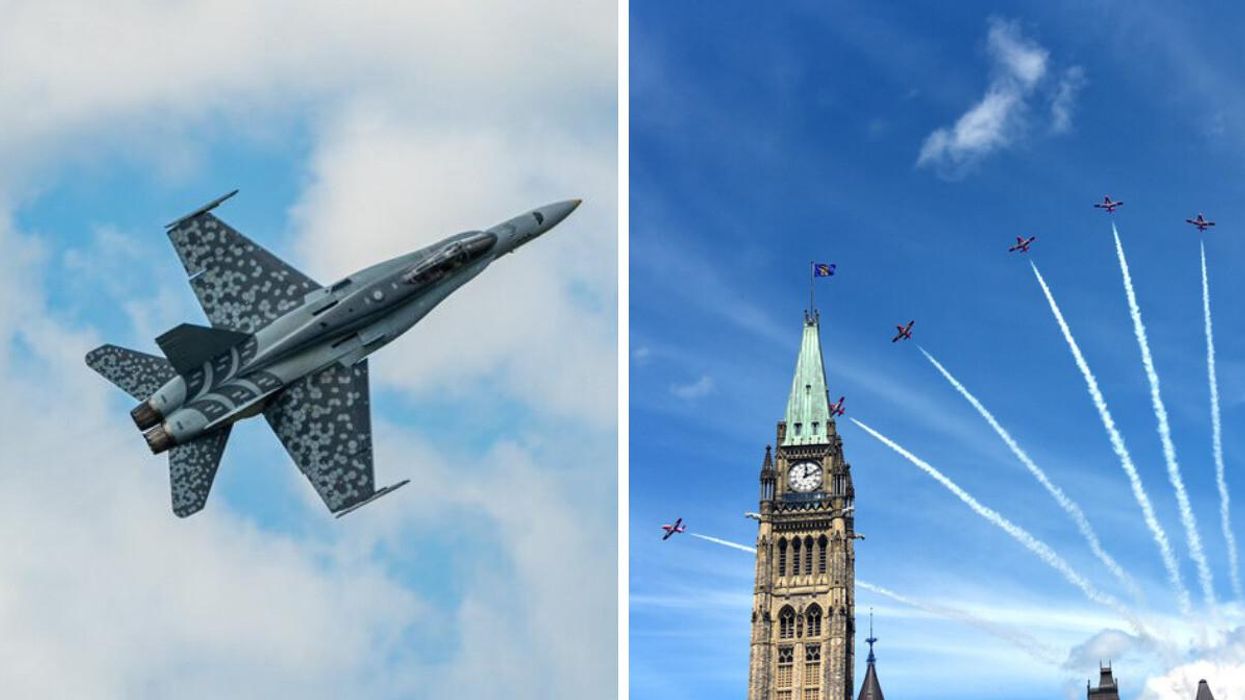 CF-18 Demonstration Jet. Right: Snowbirds flying over Parliament Hill in Ottawa on Canada Day 2019.