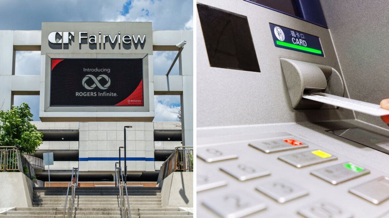 CF Fairview Mall in Toronto. Right: Debit card machine.