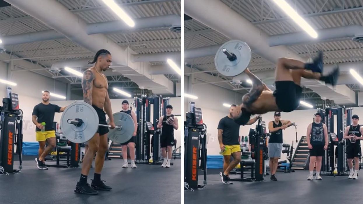CFL player Shai Ross performs the 'barbell backflip'.