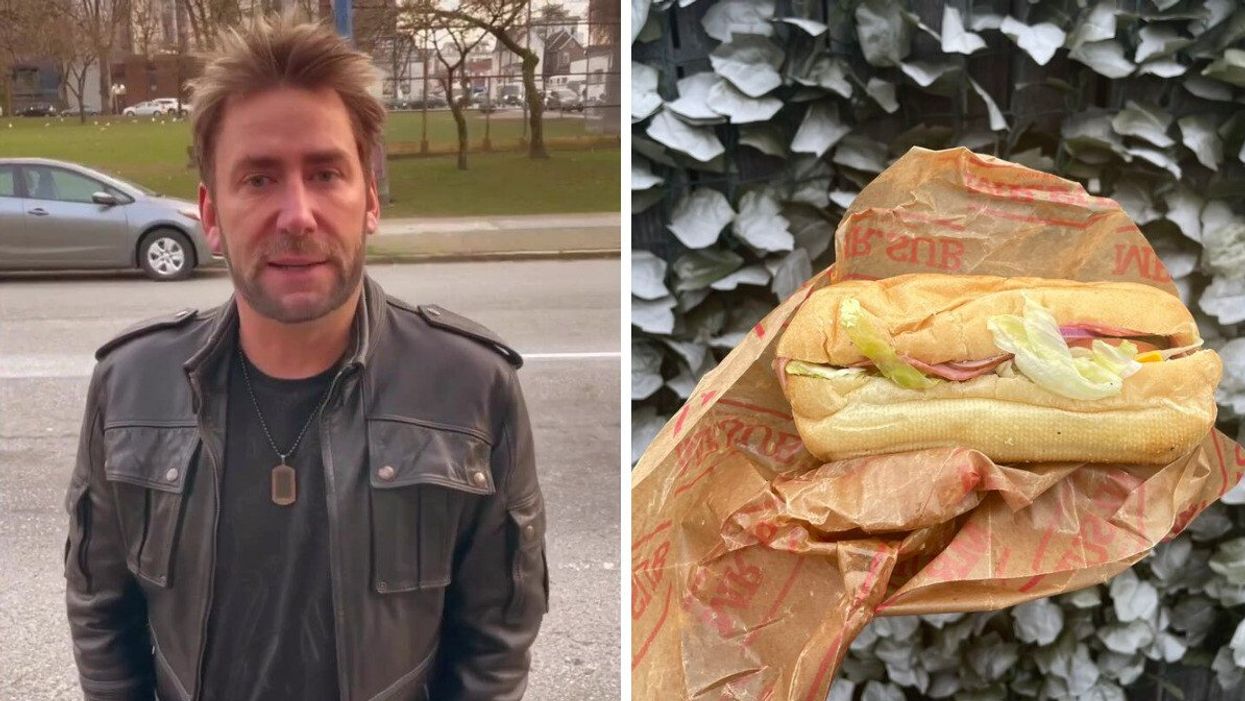 Chad Kroeger of Nickelback. Right: A Mr. Sub sandwich.