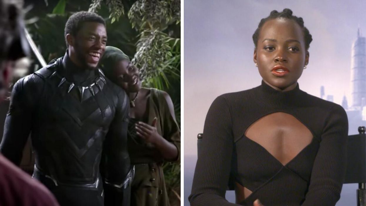 Chadwick Boseman and Lupita Nyong'o in "Black Panther." Right: Lupita Nyong'o during an interview for "Black Panther: Wakanda Forever."