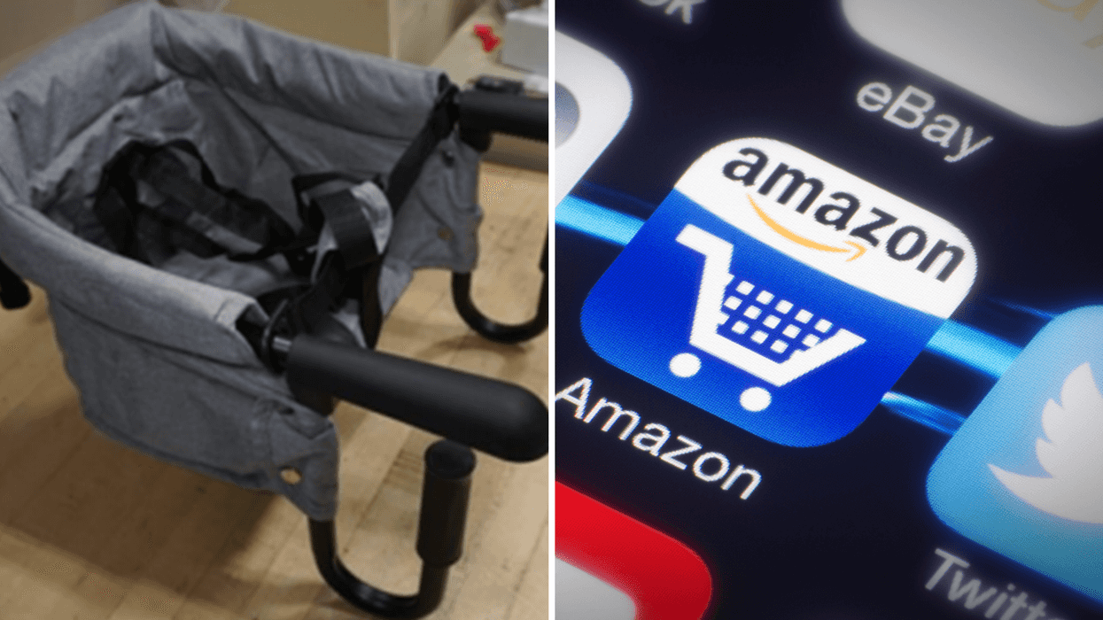 Chaise d’appoint portative à fixation sur table de PandaEar. Droite : L'application Amazon sur un téléphone.