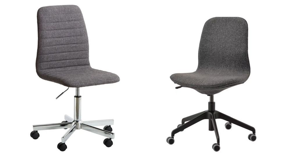 Chaise de bureau ABILDHOLT du Jysk. Droite : Chaise de bureau L\u00c5NGFJ\u00c4LL du IKEA.
