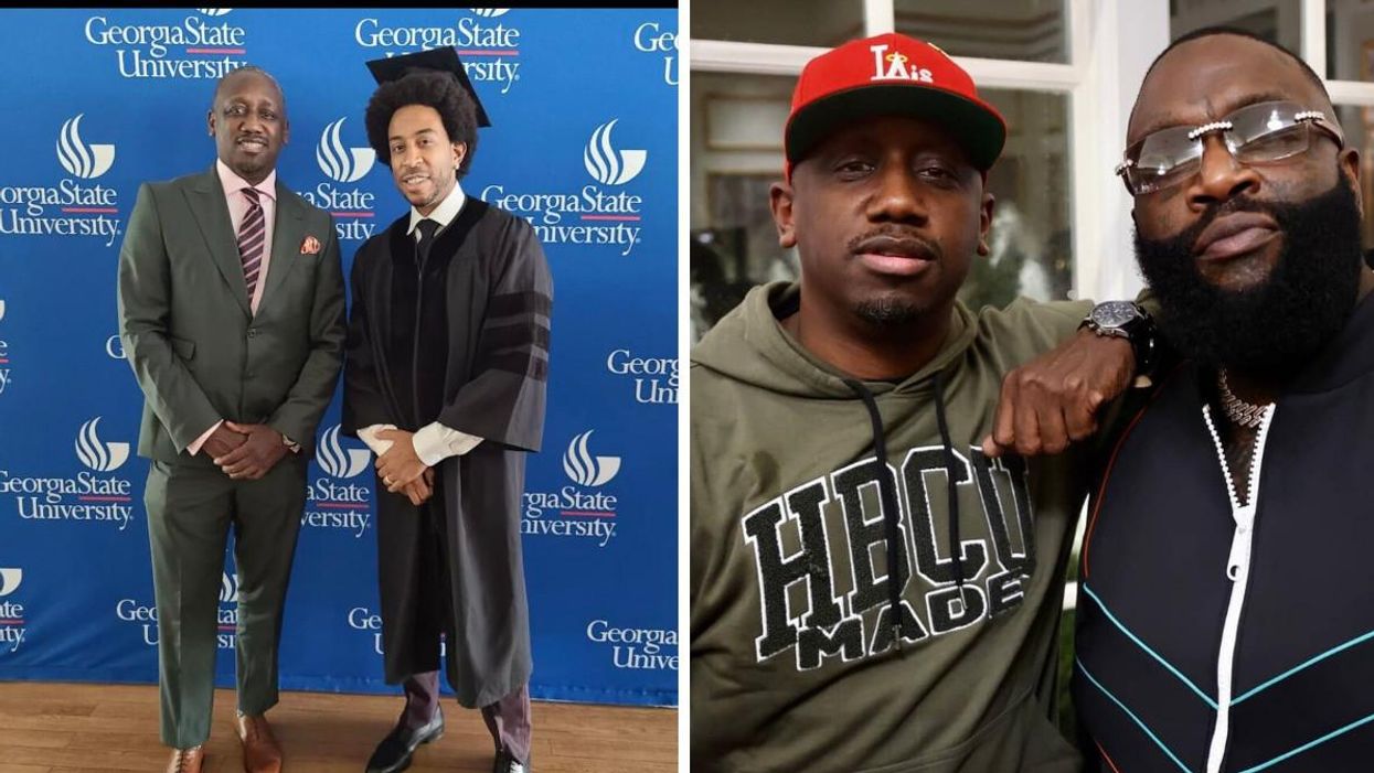 Chaka Zulu with Ludacris at his GSU ceremony. Right: Chaka Zulu with rapper Rick Ross.