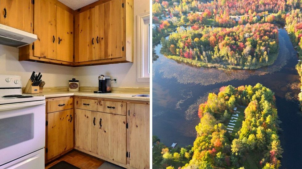 Chalet dans les Cantons-de-l\u2019Est. Droite : Cuisine du 620, rue des Bouleaux, Saint-Denis-de-Brompton.