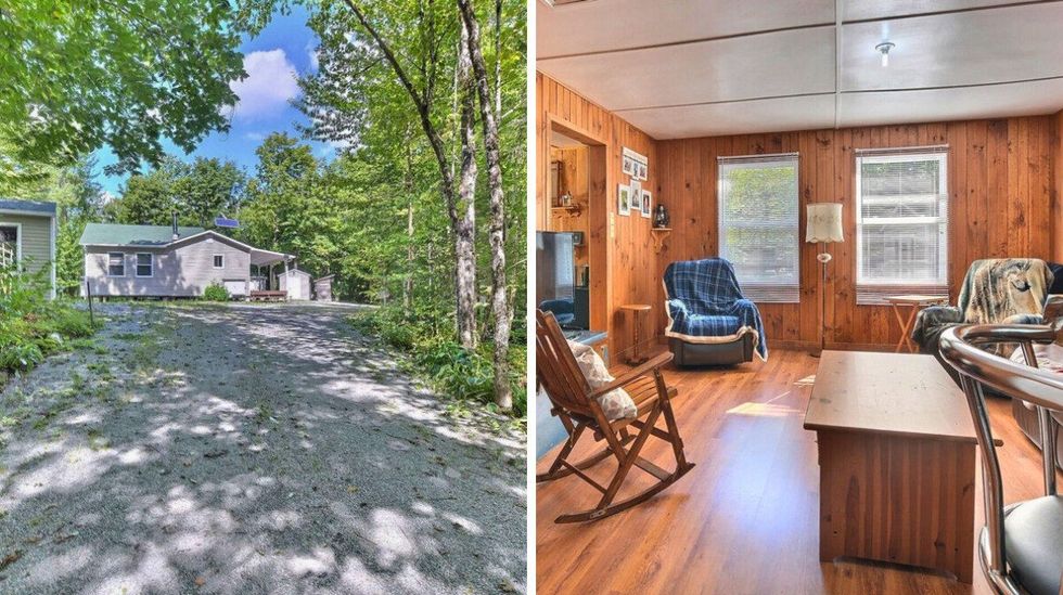 Chalet dans les Cantons-de-l\u2019Est. Droite : Salon du 141 #517, ch. Gosford S., Weedon.