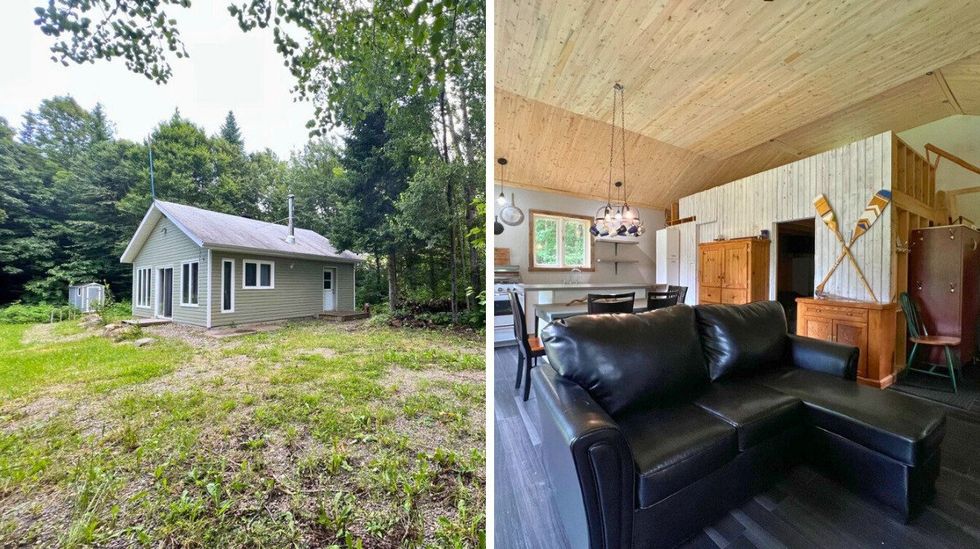 Chalet dans les Cantons-de-l\u2019Est. Droite : Salon et cuisine du 92, ch. Jacques, Notre-Dame-des-Bois.