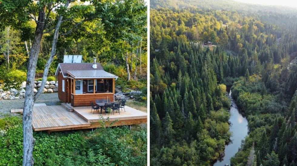 Chalet dans les Cantons-de-l\u2019Est. Droite : Terrasse du 132, ch. du Corbeau.