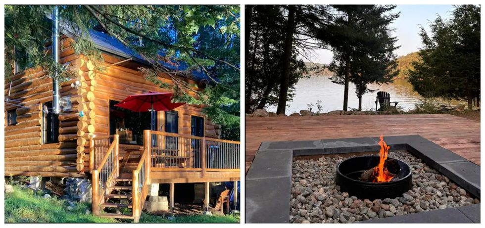 Chalet en bois rond \u00e0 louer dans les Laurentides. Droite : Foyer ext\u00e9rieur et vue sur le lac d'un chalet \u00e0 louer dans les Laurentides.