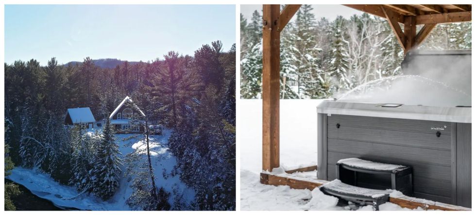 Chalet \u00e0 louer. Droite : Spa ext\u00e9rieur.