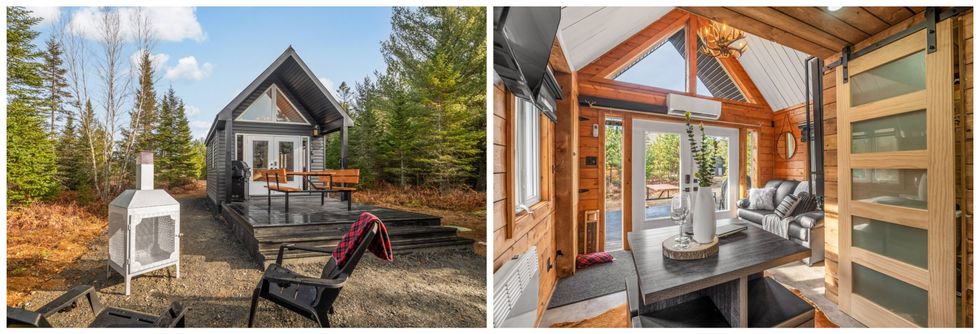 Chalet \u00e0 louer en Mauricie avec foyer ext\u00e9rieur. Droite : Int\u00e9rieur d'un chalet \u00e0 louer en Mauricie.
