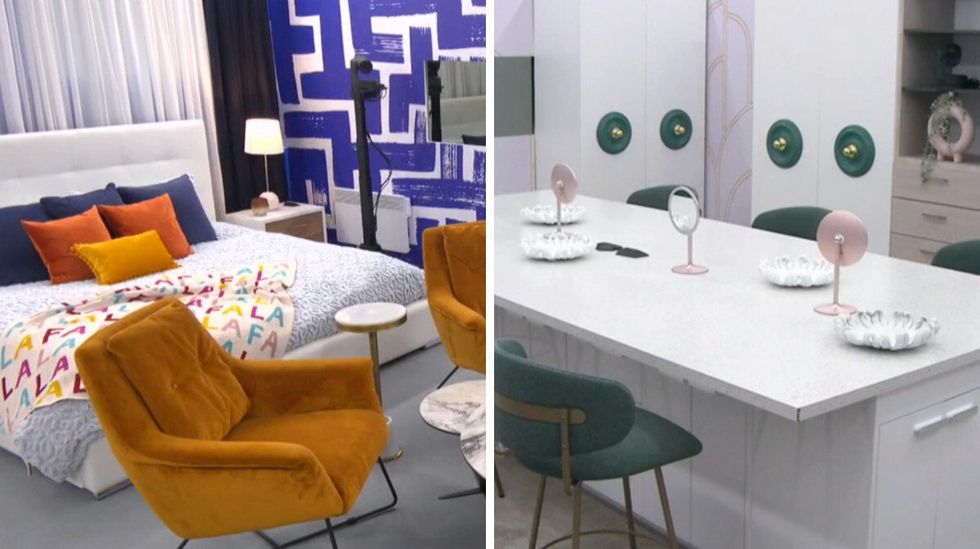 Chambre avec grand lit, fauteuils et coussins oranges. Droite : Walk-in avec \u00eelot blanc et fauteuils verts.