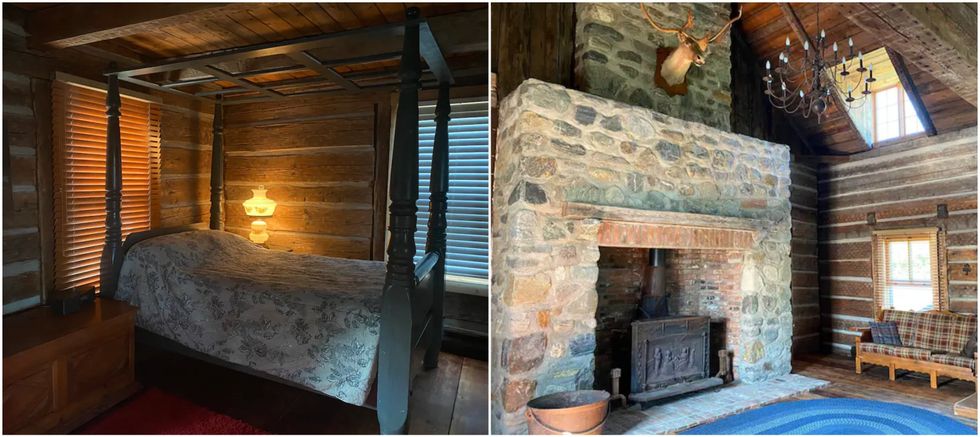 Chambre avec lit baldaquin dans un chalet de bois rond. Droite : Foyer de pierre dans un chalet de bois rond.