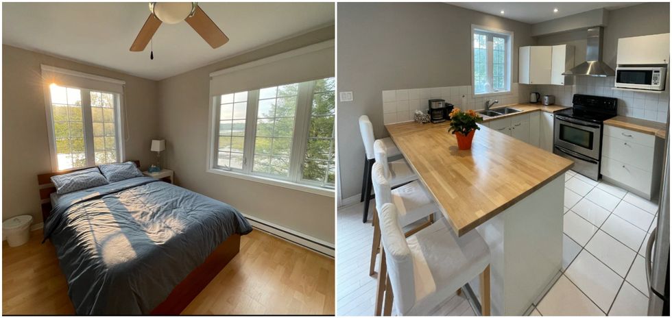 Chambre avec lit double. Droite : Cuisine.