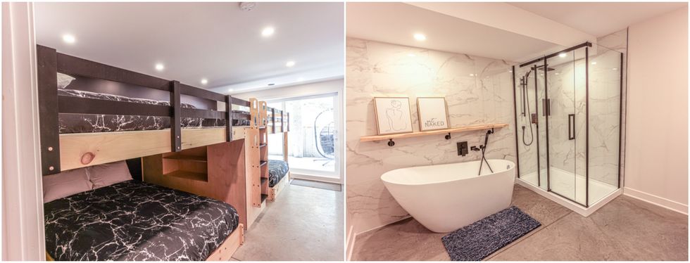 Chambre avec lits superpos\u00e9s. Droite : Salle de bain.