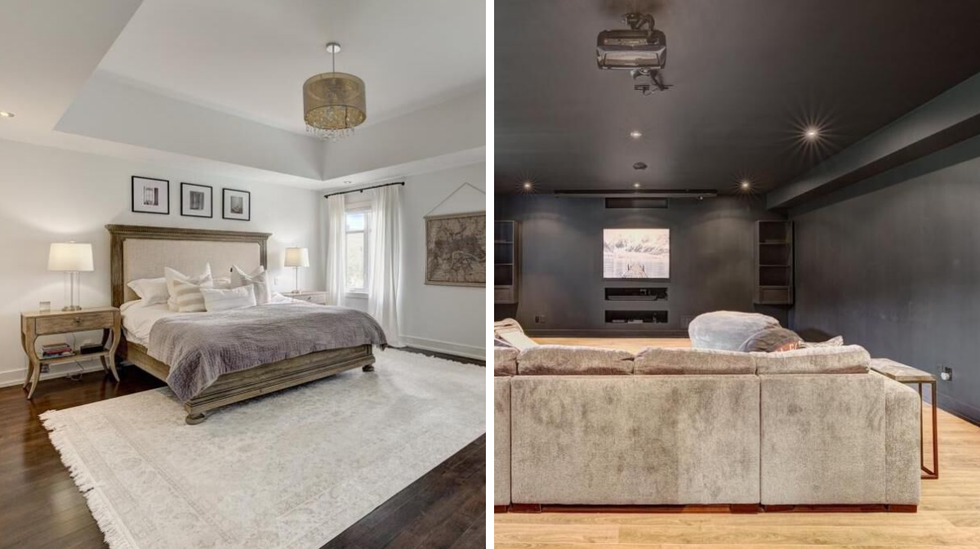 Chambre principale. Droite : Cin\u00e9ma maison.