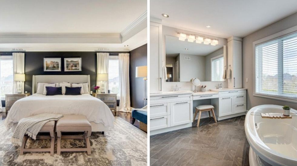 Chambre principale. Droite : Salle de bain attenante.