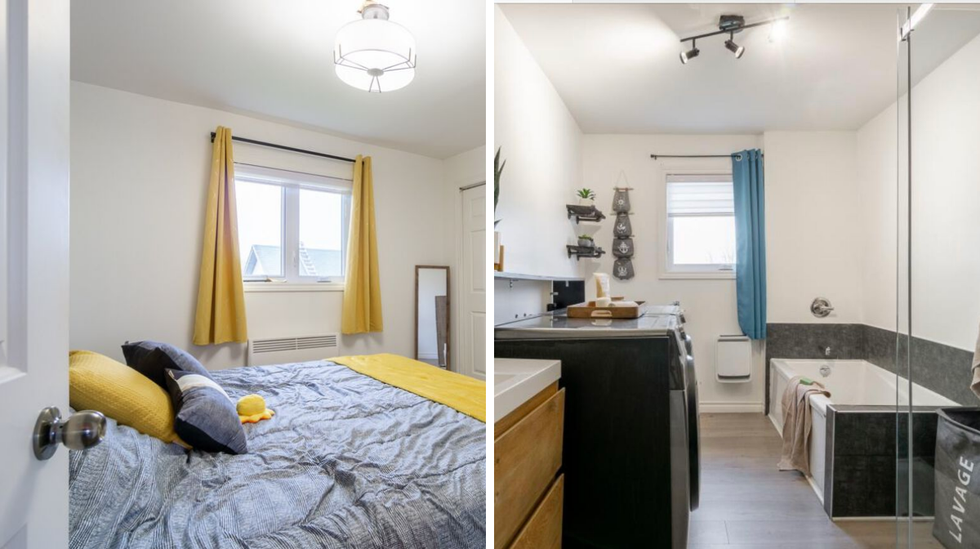 Chambre principale. Droite : Salle de bain.