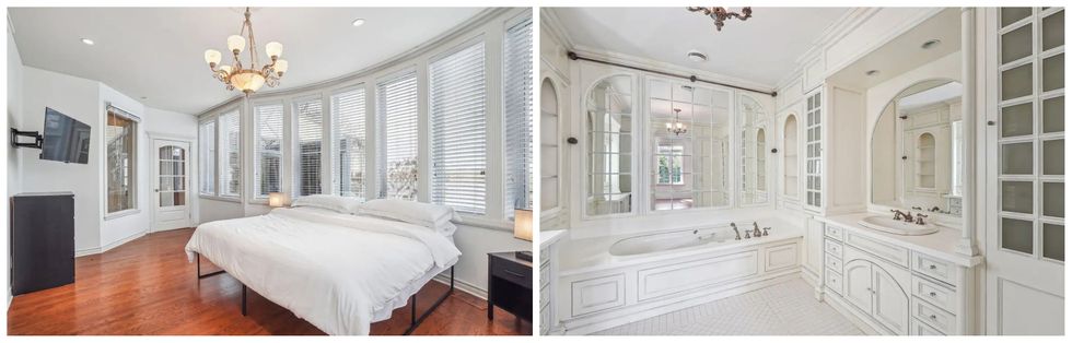 Chambre principale meubl\u00e9e de l'ancienne propri\u00e9t\u00e9 de C\u00e9line Dion. Droite : La salle de bain toute blanche de l'ancienne propri\u00e9t\u00e9 de C\u00e9line Dion