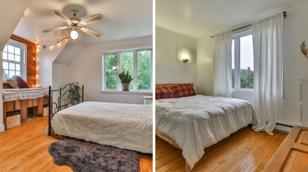 Chambre \u00e0 coucher principale. Droite : Chambre \u00e0 coucher secondaire.