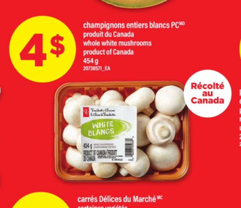 Champignons entiers blancs dans la circulaire du Maxi.