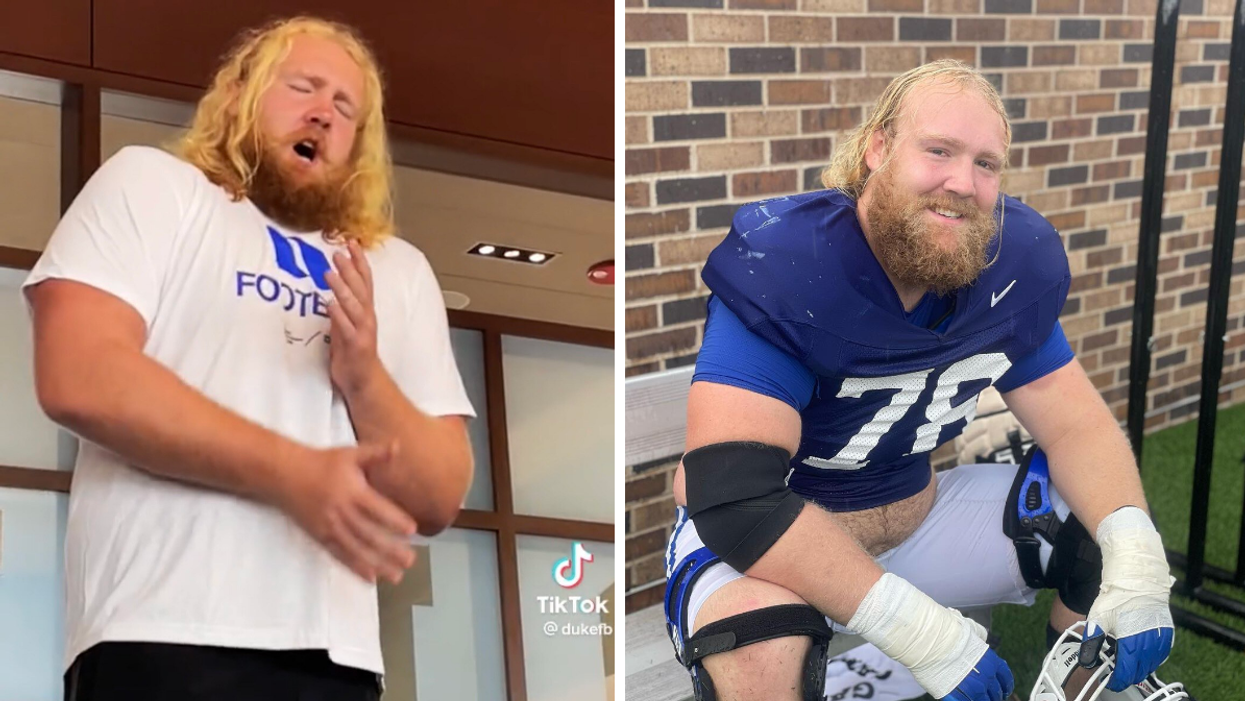 Chance Lytle singing opera in viral TikTok. Right: A photo of Lytle at Duke University football practice.