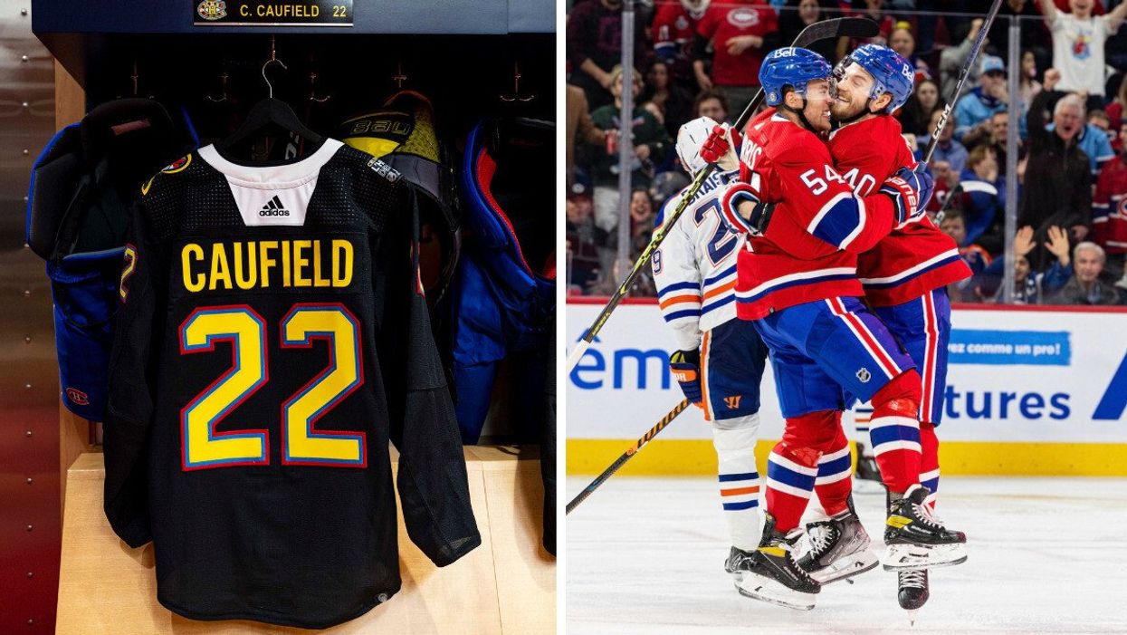 Chandail Canadiens de Montréal. Droite : Joueurs des Canadiens de Montréal.