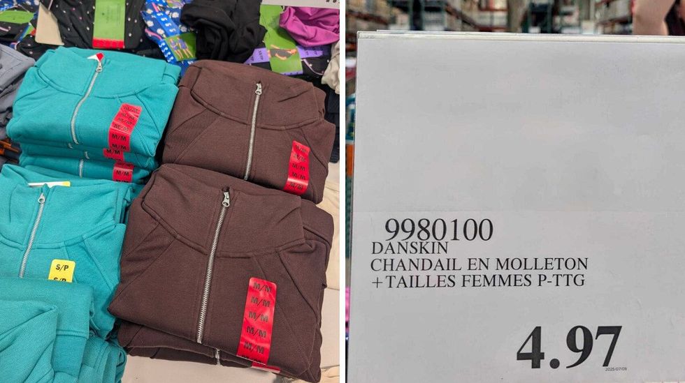 Chandails en molleton turquoise et bruns dans le rayon des v\u00eatements chez Costco. Droite : pancarte avec le prix des chandails en molleton indiqu\u00e9 \u00e0 4,97 $.