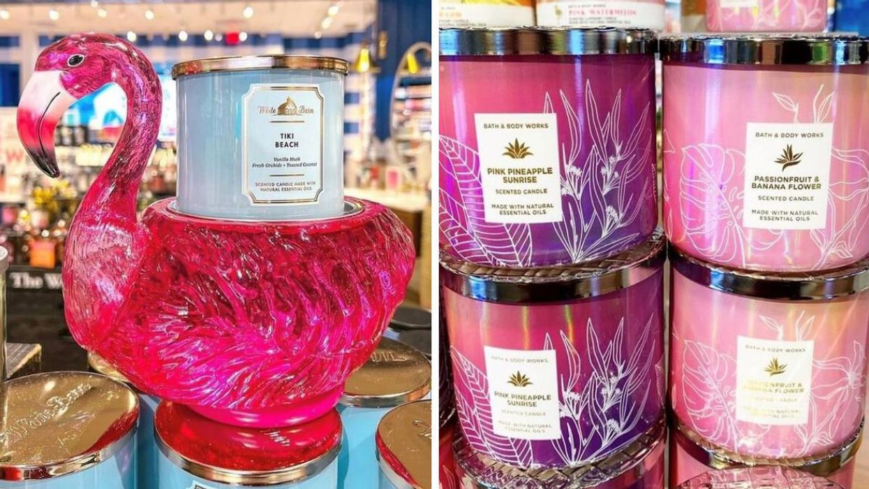 Chandelles de Bath & Body Works et un porte-chandelle en forme de flamant. Droite: Chandelles de Bath & Body Works.