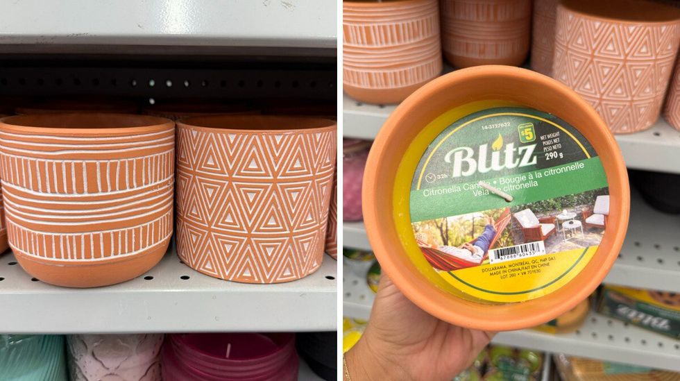 Chandelles \u00e0 la citronnelle \u00e0 motif dans un pot en terre cuite vendues au Dollarama.