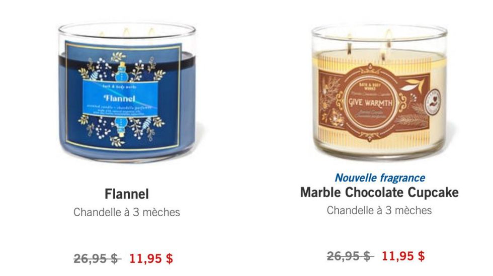 Chandelles \u00e0 trois m\u00e8ches en rabais au Bath & Body Works.