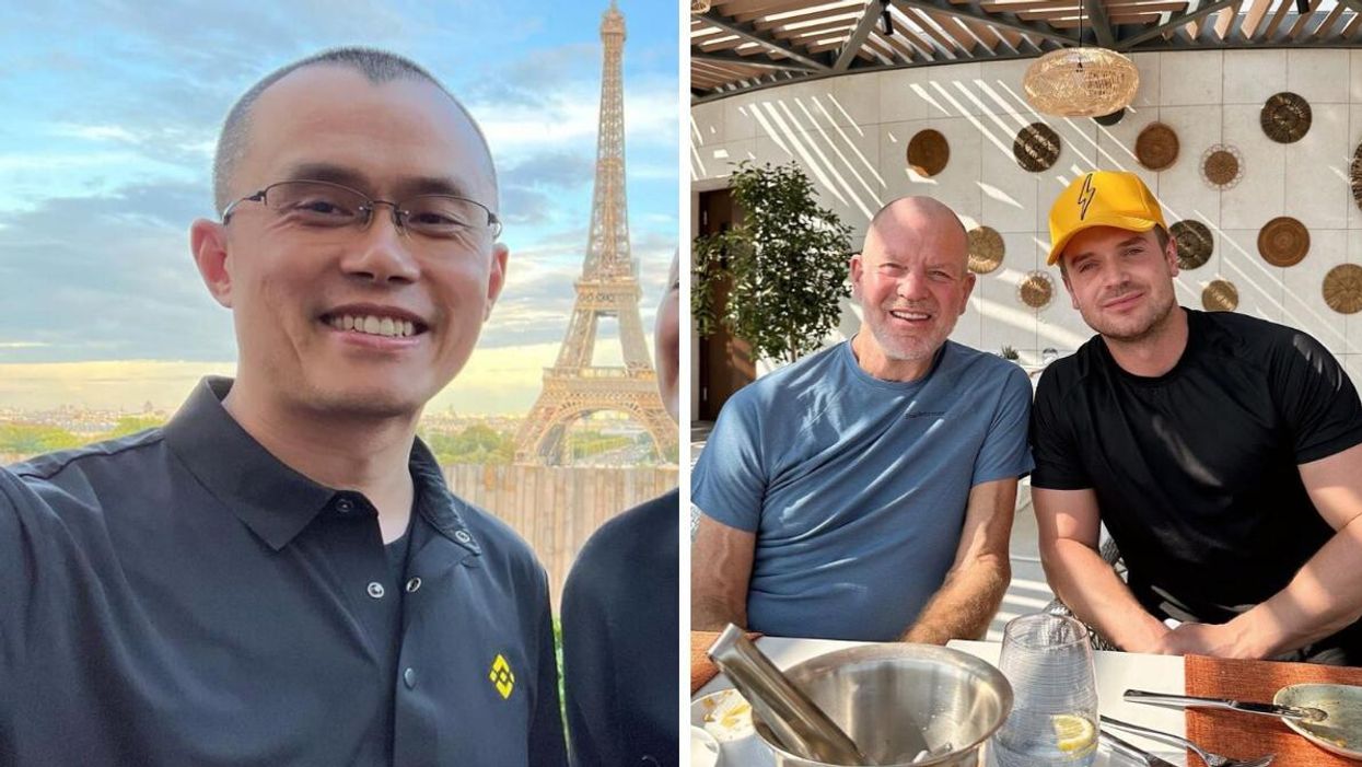 Changpeng Zhao in Paris. Right: Dennis "Chip" Wilson in a restaurant.