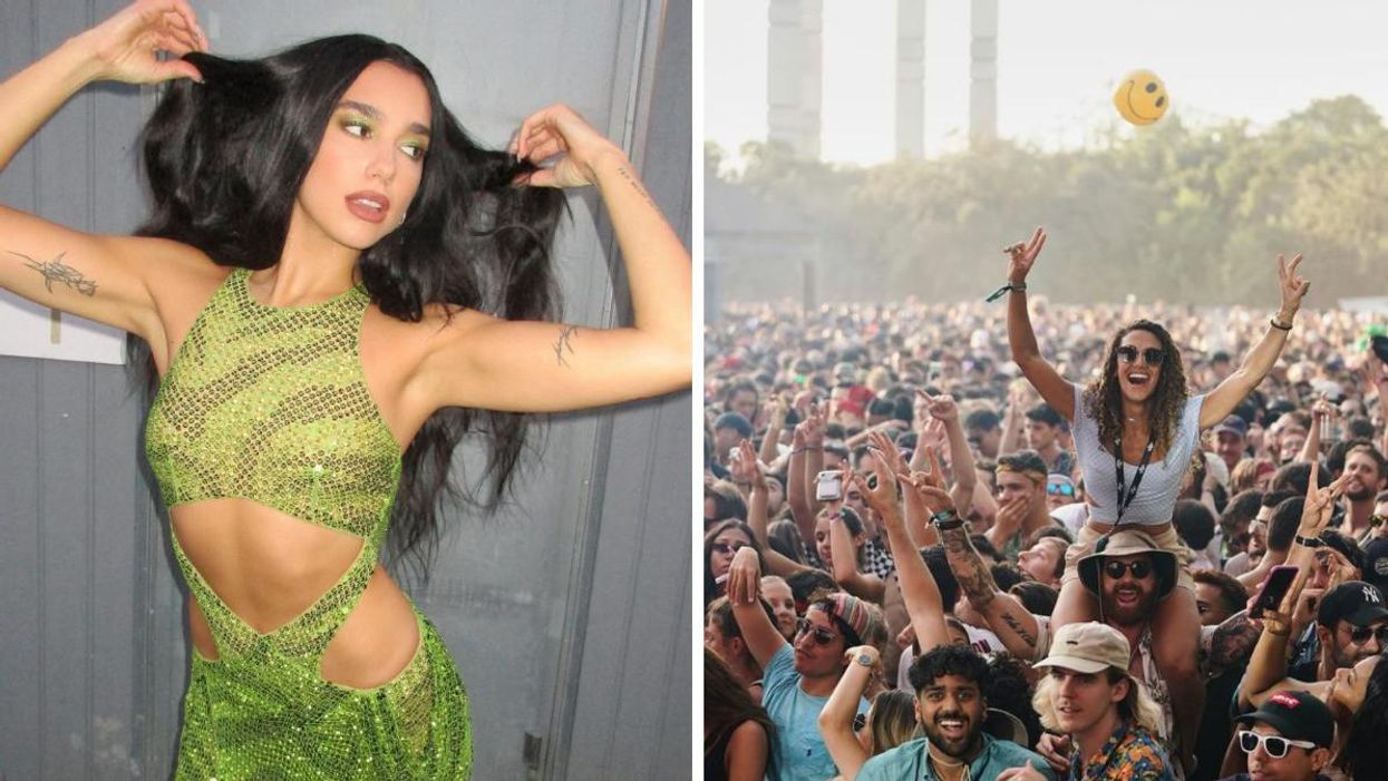 Chanteuse Dua Lipa. Droite : Foule au festival Osheaga.