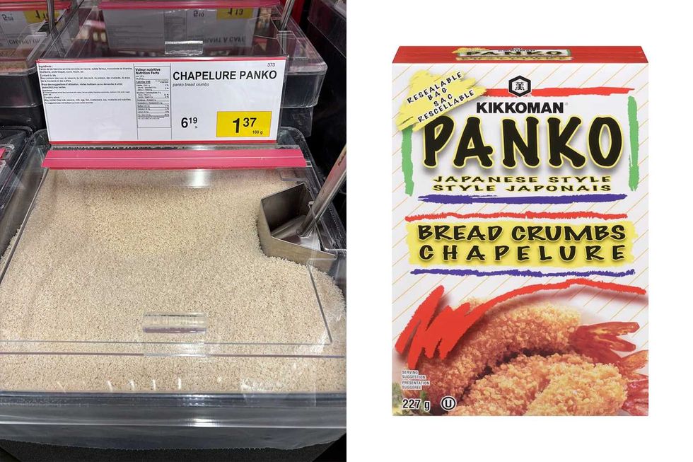 Chapelure panko vendue en vrac chez Bulk Barn. Droite : Chapelure panko vendue chez Maxi.