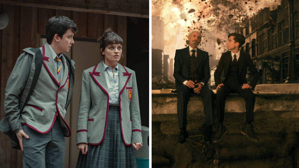 Characters Otis and Maeve in Sex Education. Right: Reginald Hargreeves and Five in The Umbrella Academy.
