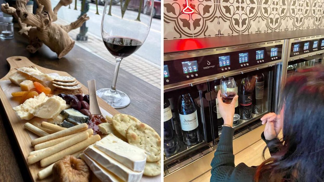 Charcuterie board and wine glass. Right: A woman filling a wine glass from a dispenser.