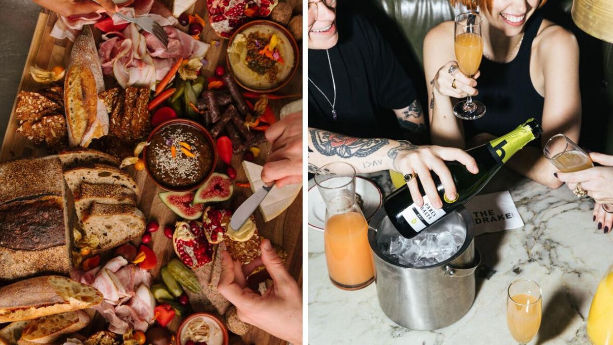 Charcuterie board. Right: People drinking mimosas.
