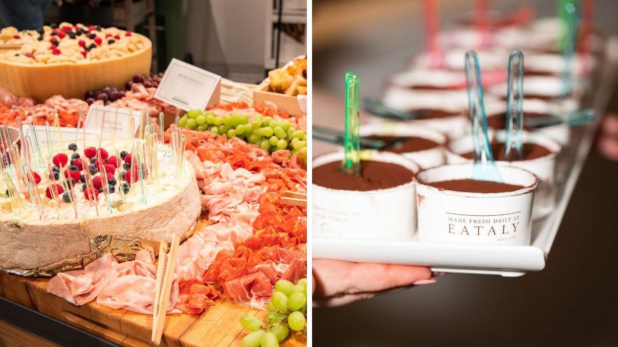 Charcuterie board with cheese, meat, and grapes. Right: Hand holding a tray of dessert.