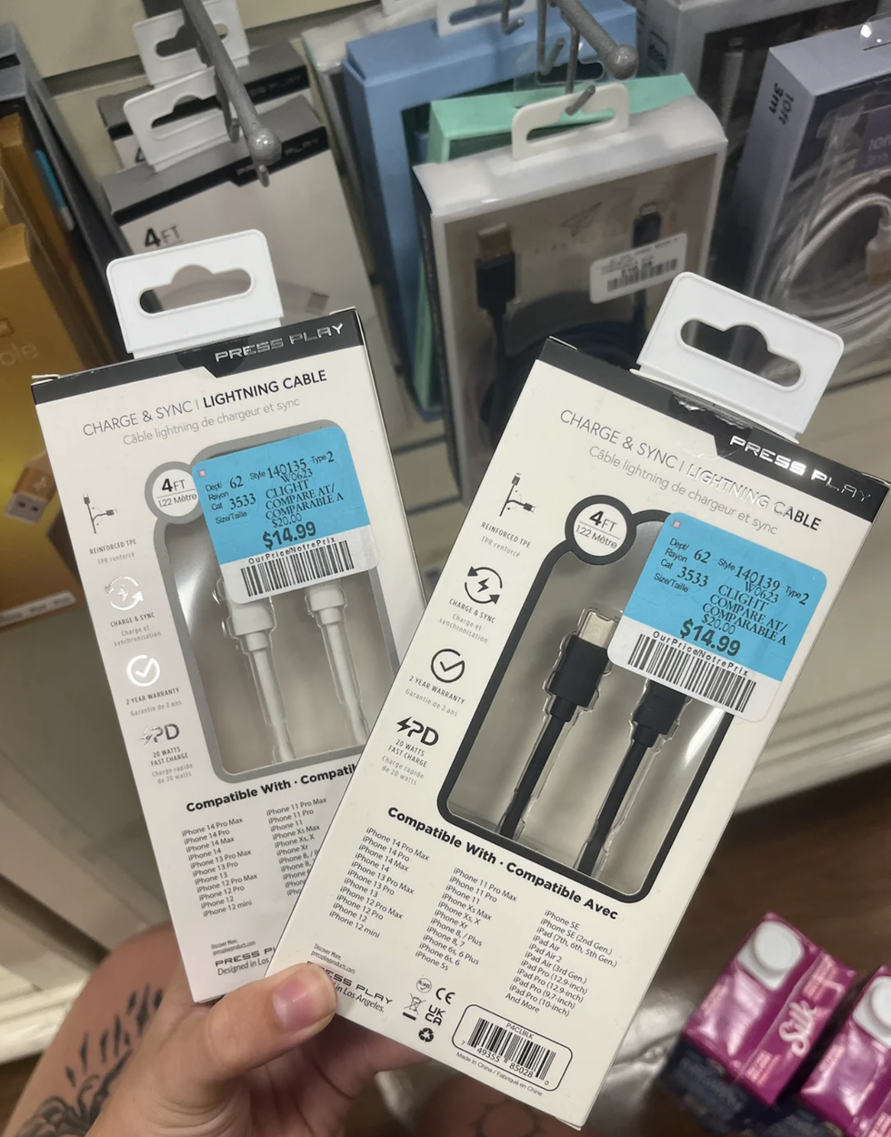 Chargers for sale at Winners, Canada.