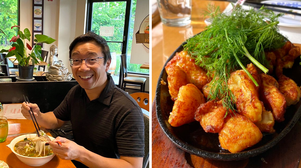 Charles dans un restaurant vietnamien. Droite : Cha Ca La Vong.