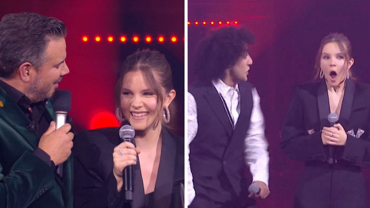 Charles Lafortune et Sophie Grenier à La Voix. Droite : Adam El Mouna et Sophie Grenier de La Voix.
