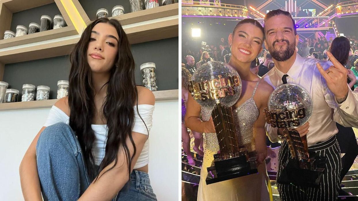 Charli D'Amelio. Right: Charli D'Amelio and Mark Ballas holding the Mirrorball Trophy.
