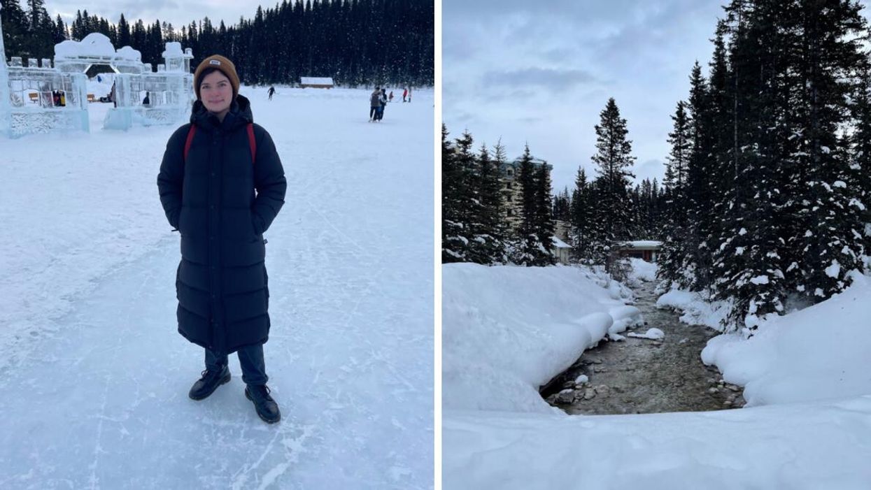 Charlie at Lake Louise. Right: Alberta in the snow.