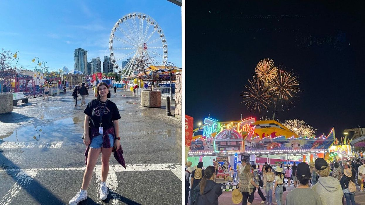 Charlie at the Calgary Stampede. Right: Fireworks at the Calgary Stampede